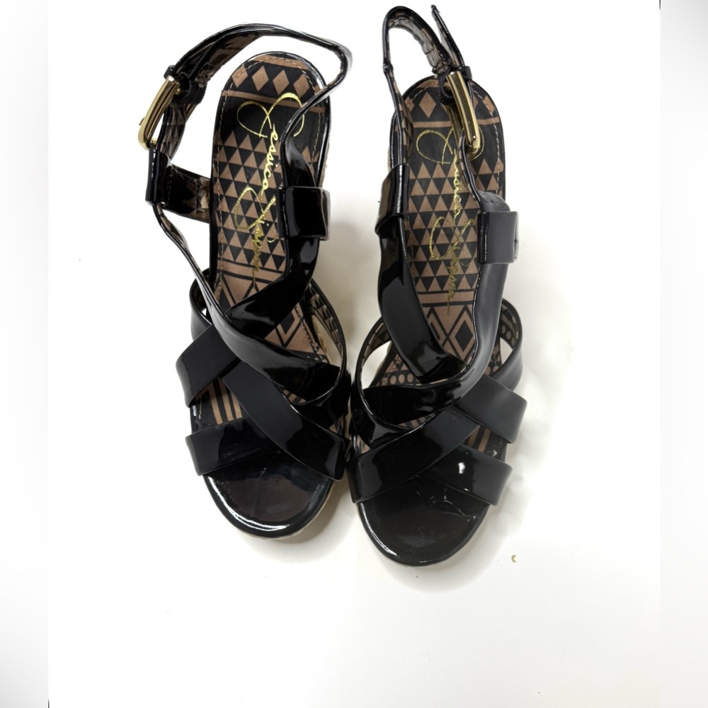 Jessica Simpson Black Patent Leather Strappy Wedge Sandals Size 8